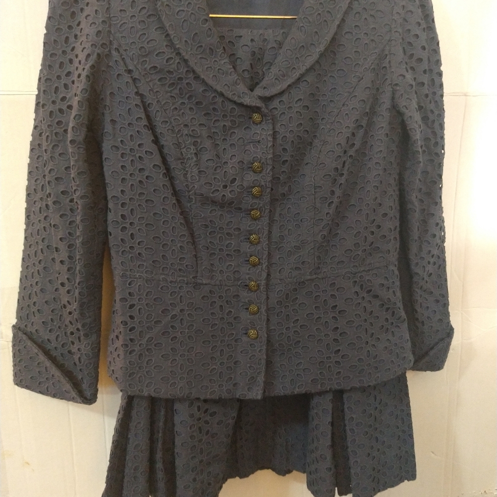 Isabel & Nina Blue Eyelet A-line Godet Short Fitted Jkt Skirt Suit 4